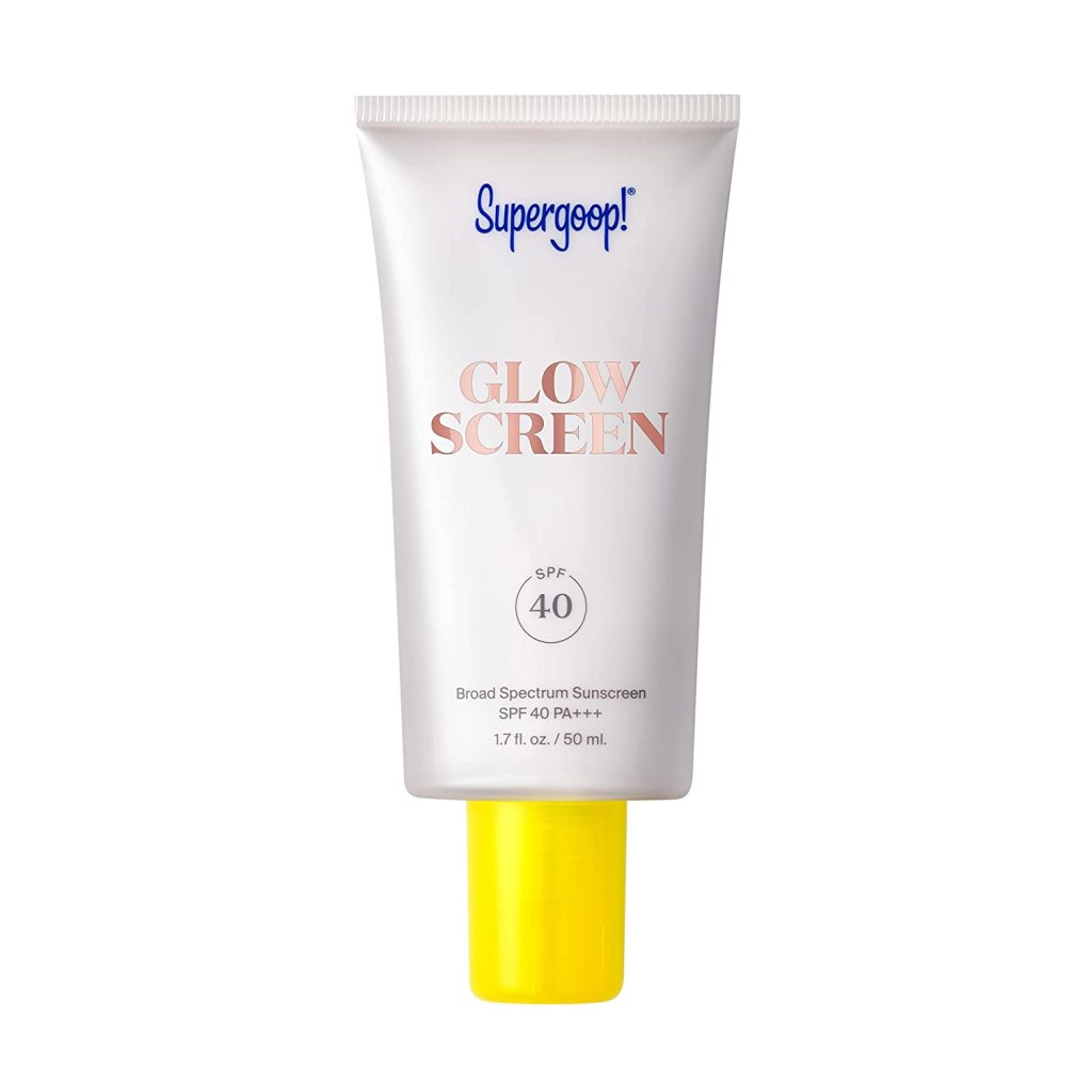 white sunscreen upright tube and blue logo, yellow cap, a great gift idea for mom on Mother's Day
