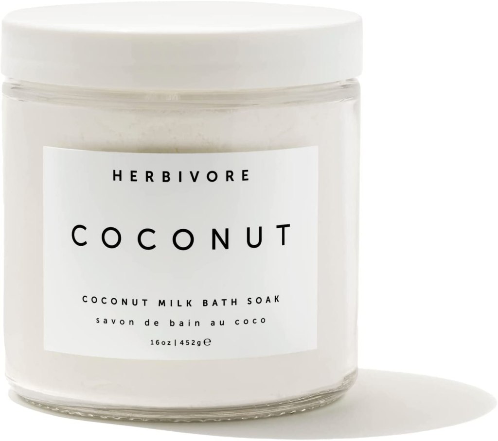 white bath salts in clear container and white lid, a great gift idea for mom on Mother's Day