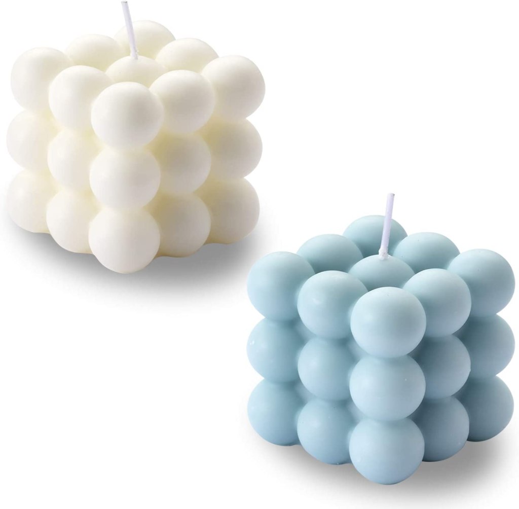 bubble shaped candles, one white and one blue, white and blue, a great gift for mom 