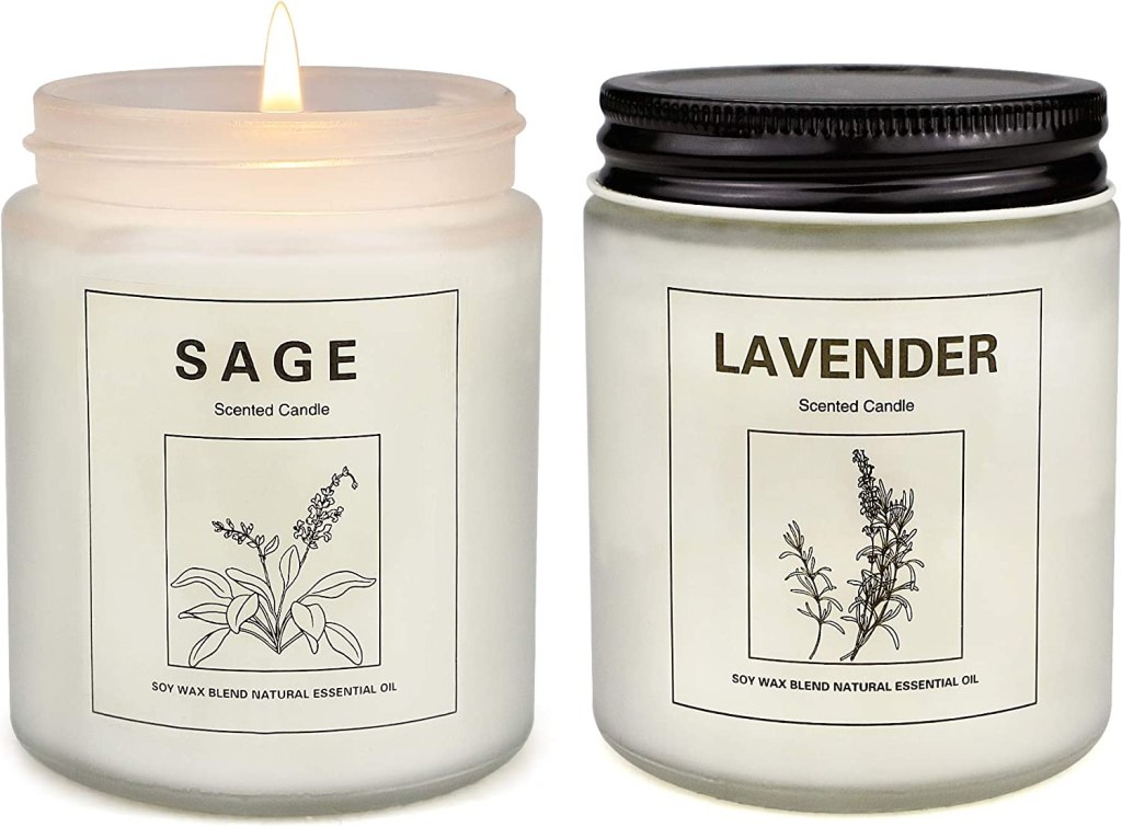 white candles in clear glass container with simple black illustration of sage and lavender and black lid, a great gift idea for mom on Mother's Day