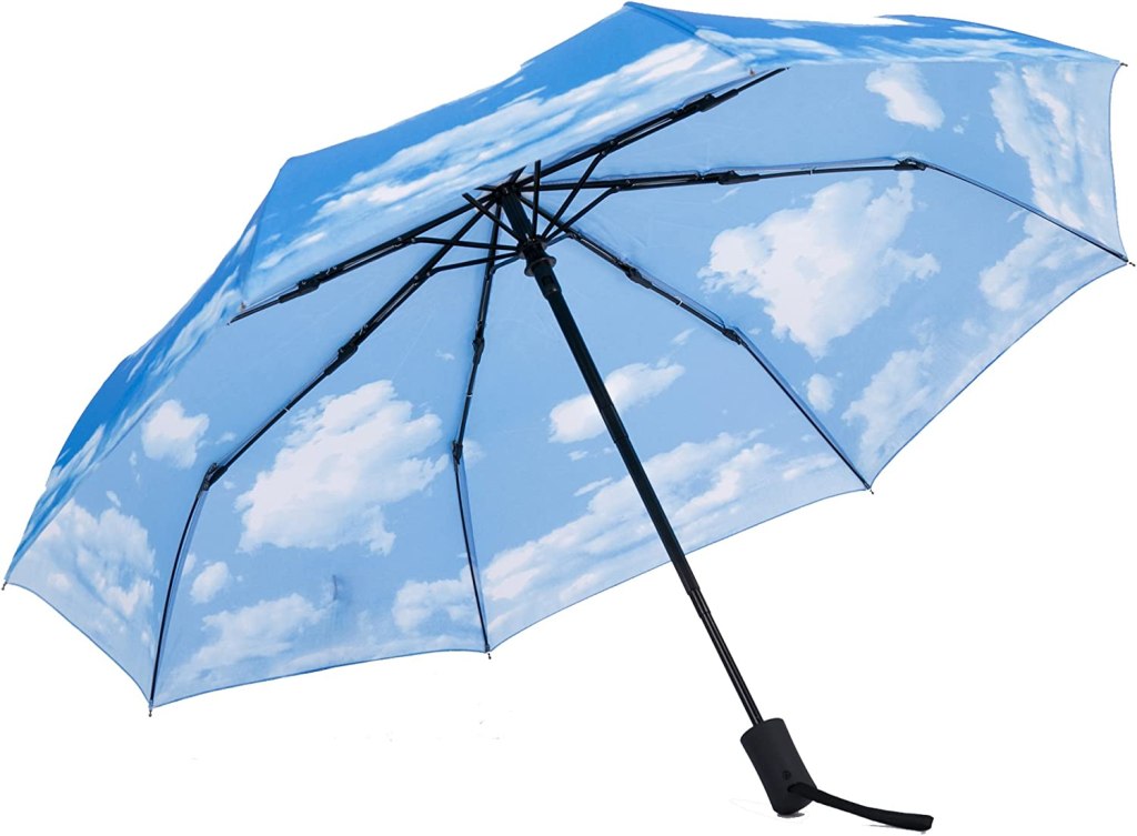 blue skies umbrella with black handle, a great gift idea for mom on Mother's Day