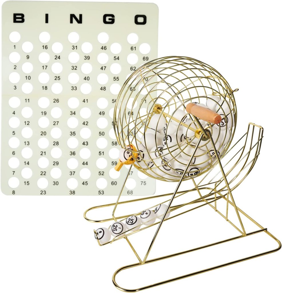 elegant bing beige bingo board and brass bingo wheel, a great gift idea for mom on Mother's Day