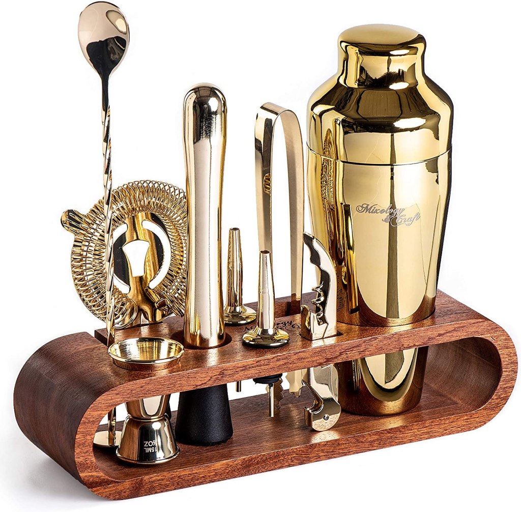 brass and walnut bar set