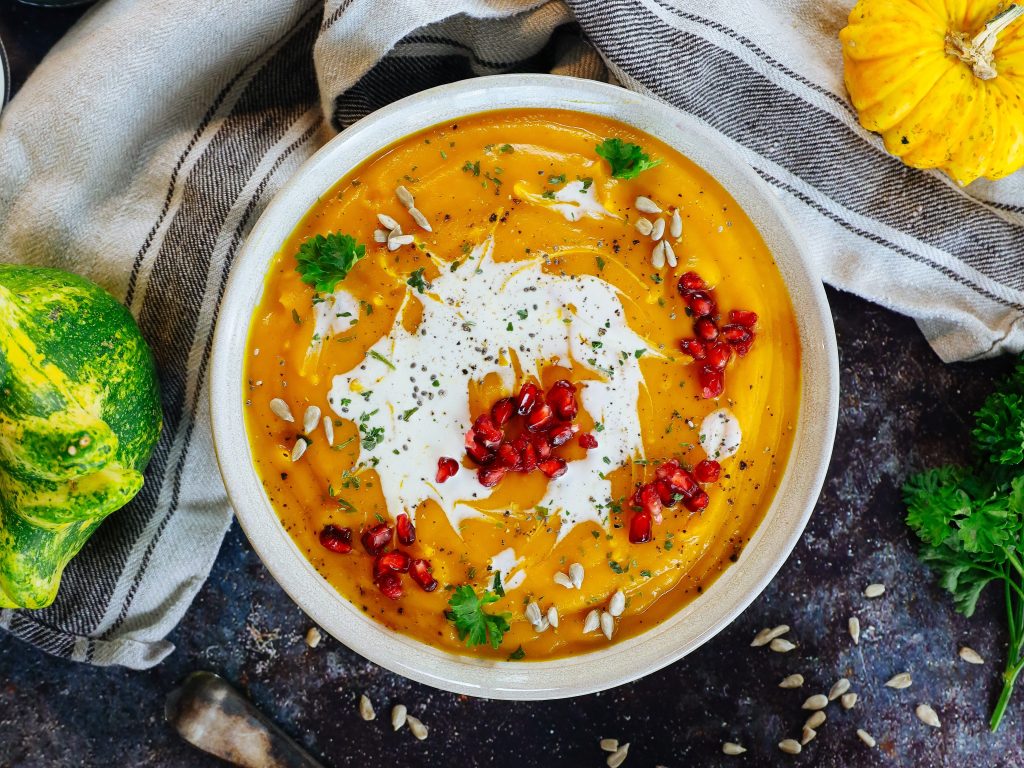 Butternut Squash Soup with Yogurt and Pomegranate-Pumpkin Seed&nbsp;Topping
