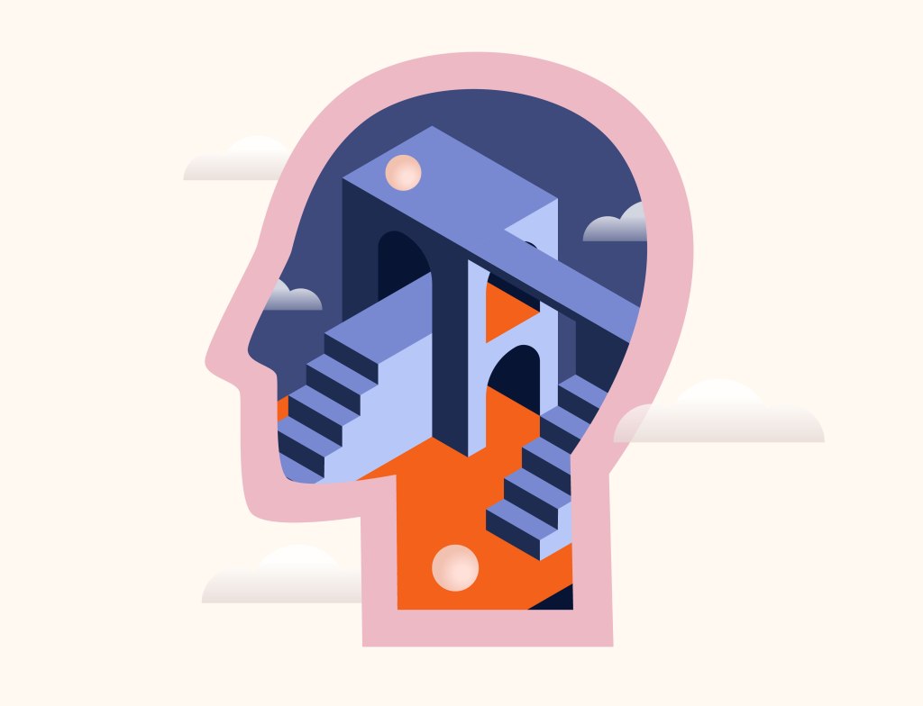 Meditation: Philosophy, psychology, mental health concept. Surreal head with abstract geometric architectural shapes. Metaphor for open mind, creative thinking, dream. Isolated vector illustration