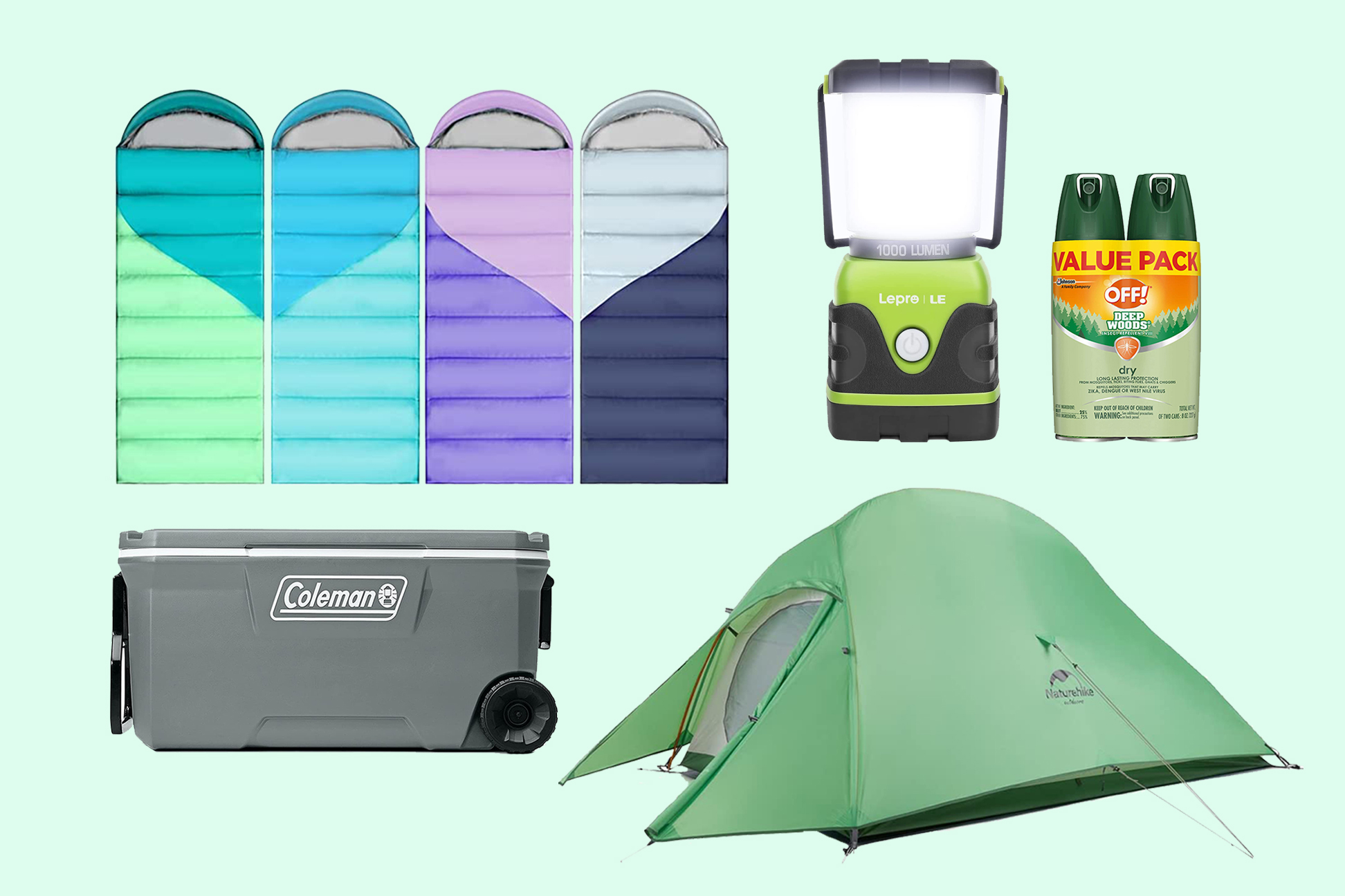 camping gear: sleeping bags, lantern, off, cooler, tent
