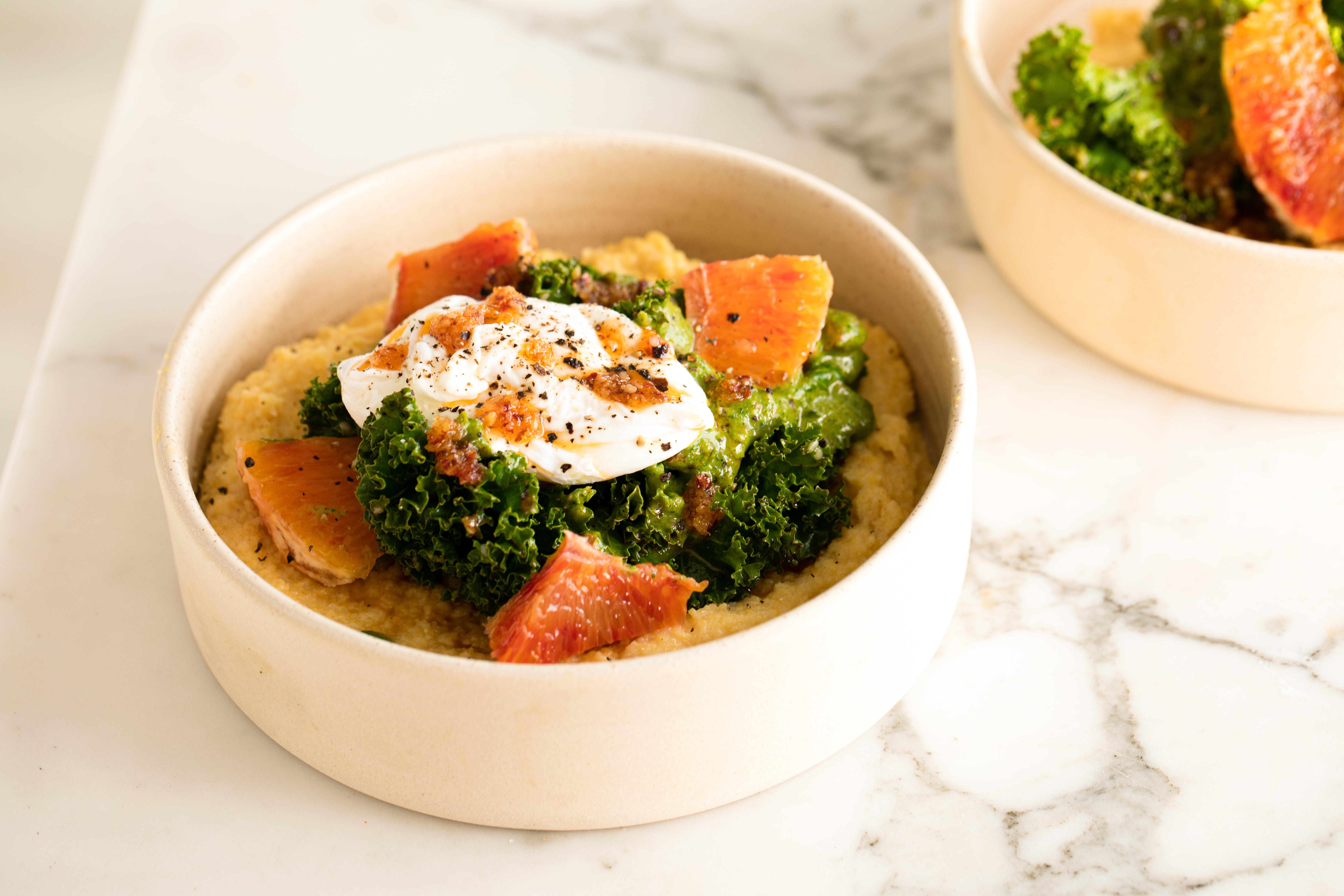 Parmesan Polenta Recipe with Poached Egg, Kale, and Blood Orange