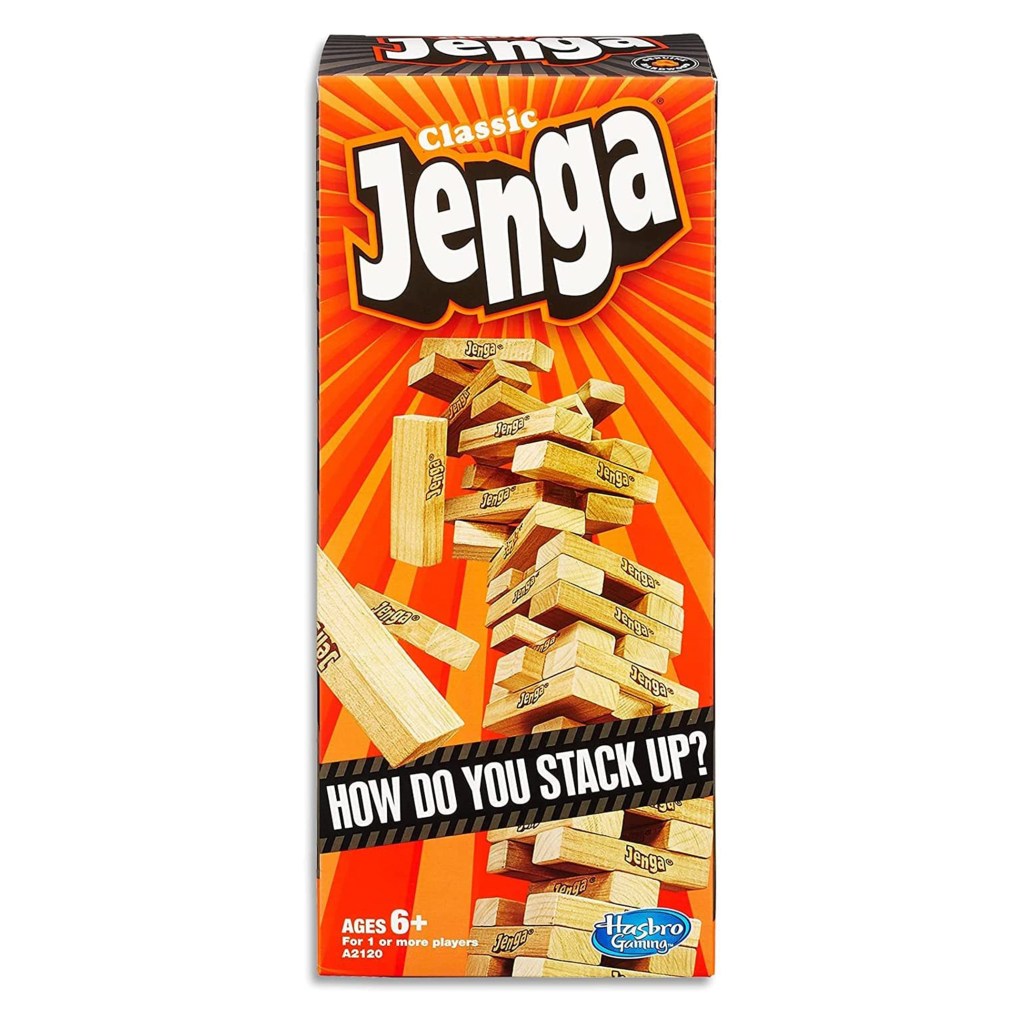 games jenga box with wooden pieces photographed on cover