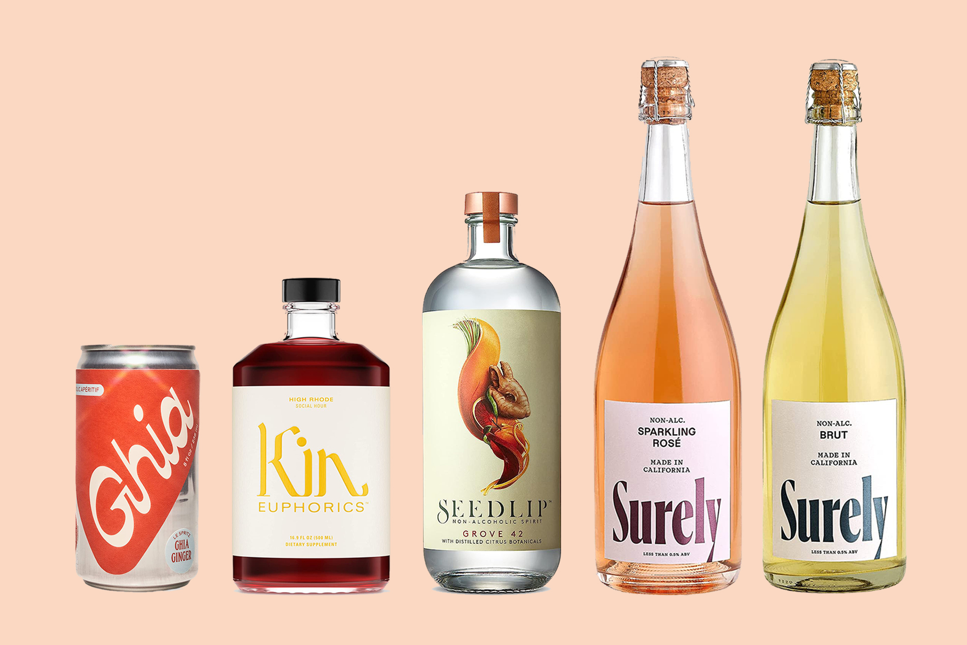 mocktails: ghia, kin, seedlip, surely bottles of non-alcholic drinks