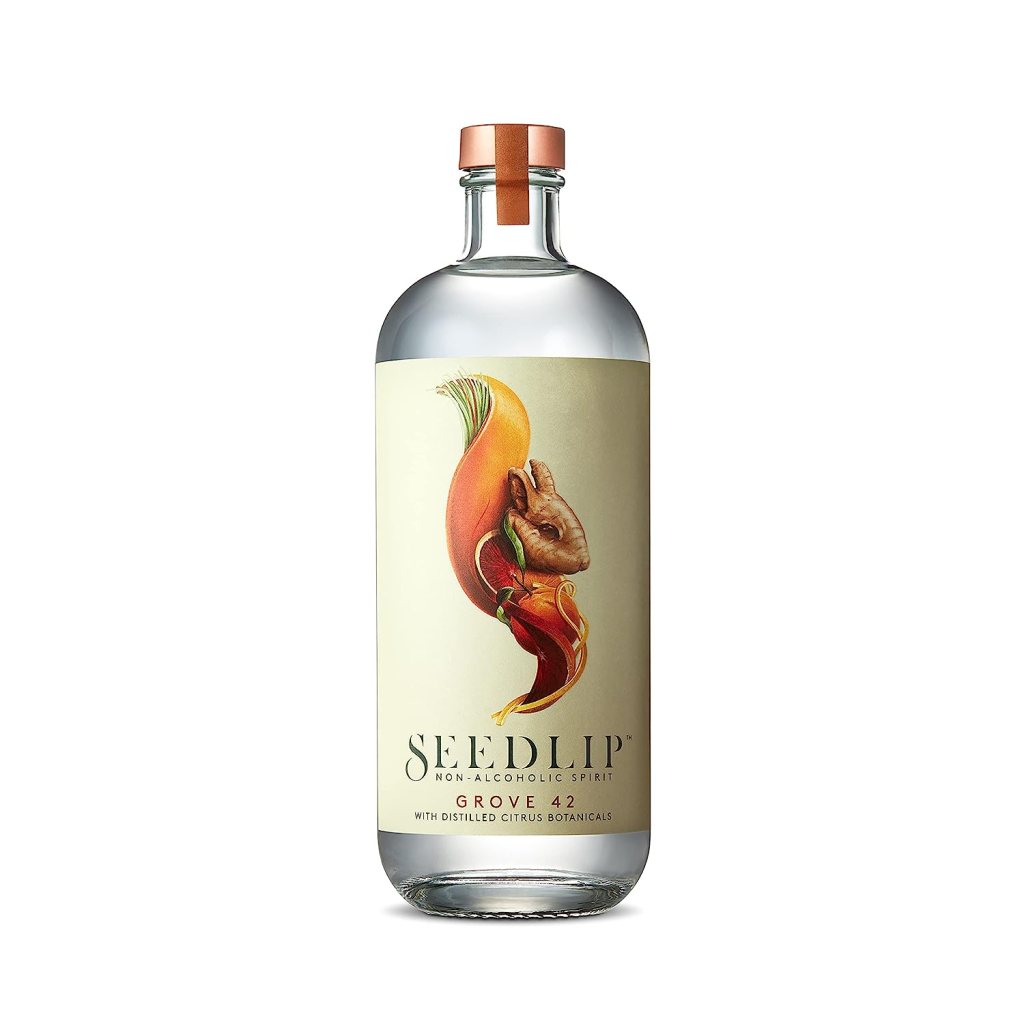 mocktail non-alcoholic bottle with squirrel illustration on label