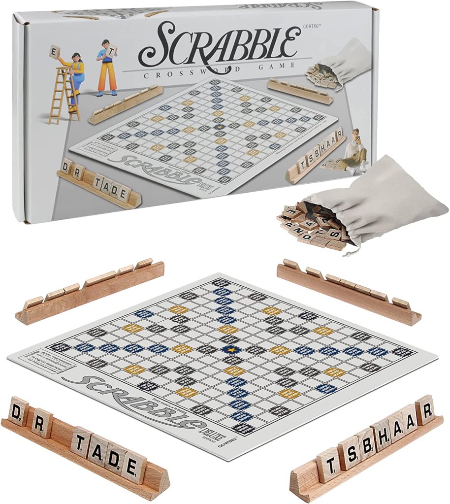 scrabble game simple with light gray, pale blue, and pale yellow board.