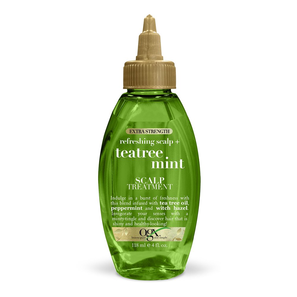 dry scalp treatment in clear squeeze bottle with green shampoo