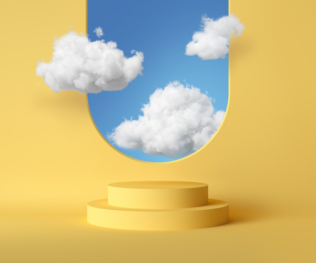 sunshine: 3d render, abstract background with blue sky inside the window on the yellow wall. White clouds fly inside the room with vacant podium. Blank showcase mockup with empty round stage